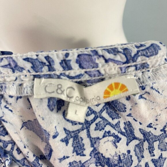 C & C California Linen Blend Top Blue Floral Peasant Blouse Shirt Size Large - Picture 12 of 13